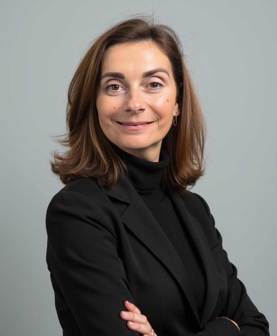 Emma Berger, Femme en costume, sourire confiant.